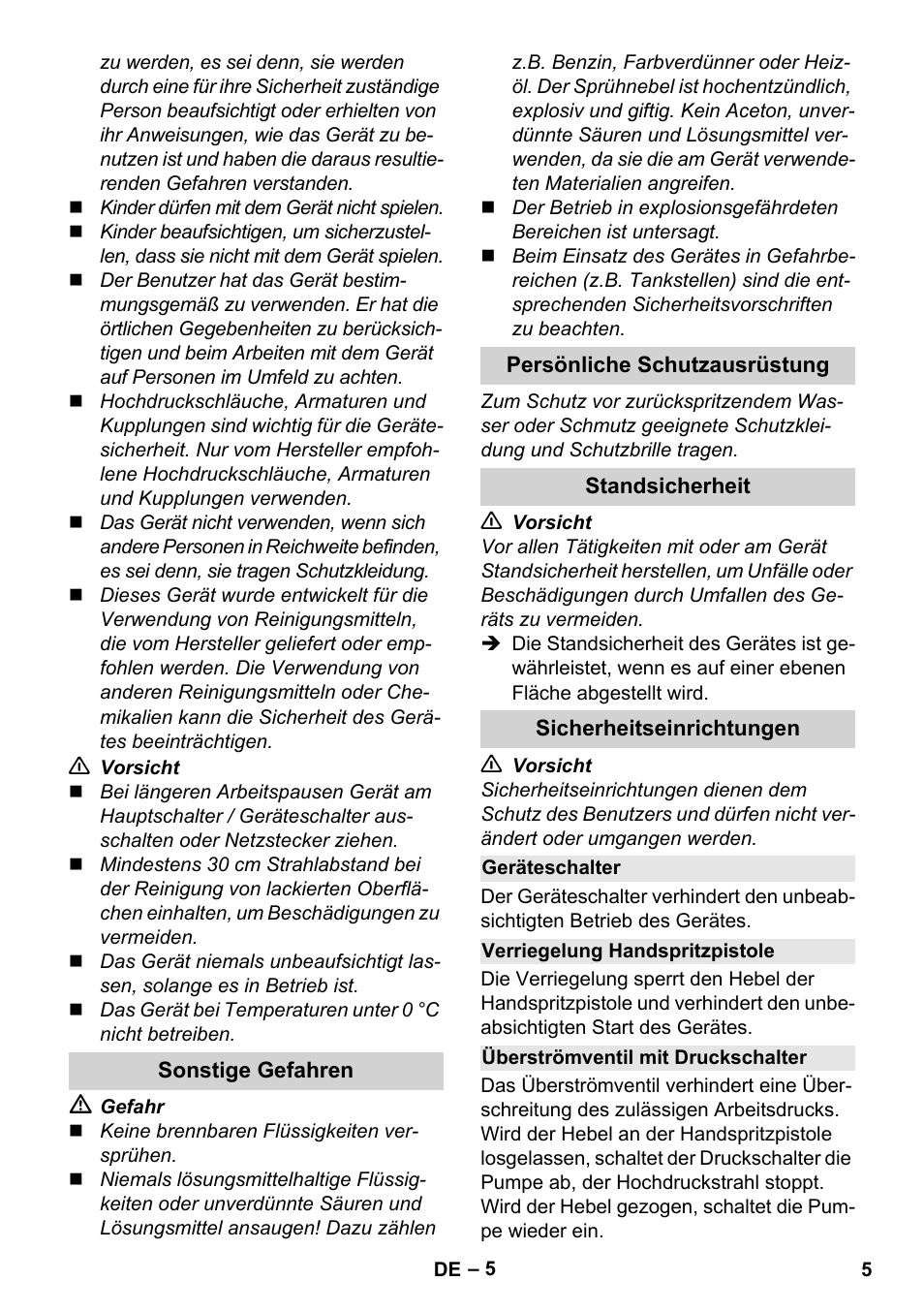 Sonstige gefahren, Persönliche schutzausrüstung, Standsicherheit | Sicherheitseinrichtungen, Geräteschalter, Verriegelung handspritzpistole, Überströmventil mit druckschalter | Karcher K 2 Basic User Manual | Page 5 / 244
