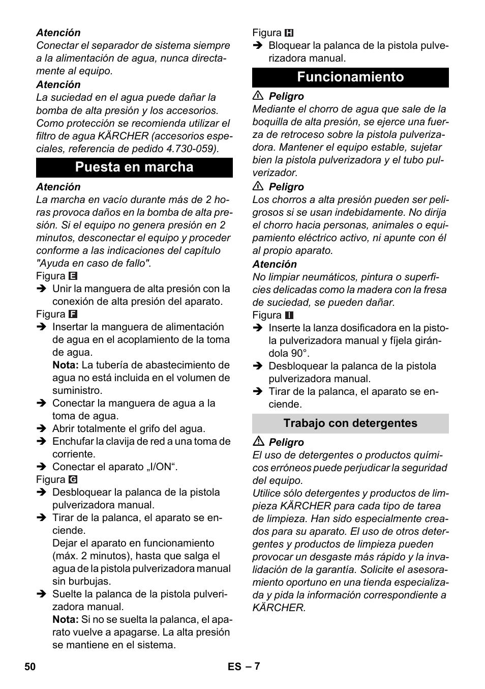 Puesta en marcha, Funcionamiento, Trabajo con detergentes | Puesta en marcha funcionamiento | Karcher K 2 Basic User Manual | Page 50 / 244