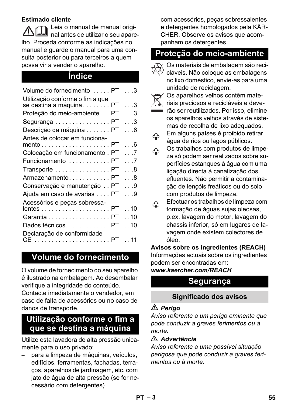 Português, Índice, Volume do fornecimento | Proteção do meio-ambiente, Segurança, Significado dos avisos | Karcher K 2 Basic User Manual | Page 55 / 244