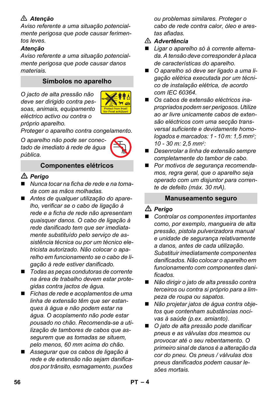 Símbolos no aparelho, Componentes elétricos, Manuseamento seguro | Karcher K 2 Basic User Manual | Page 56 / 244