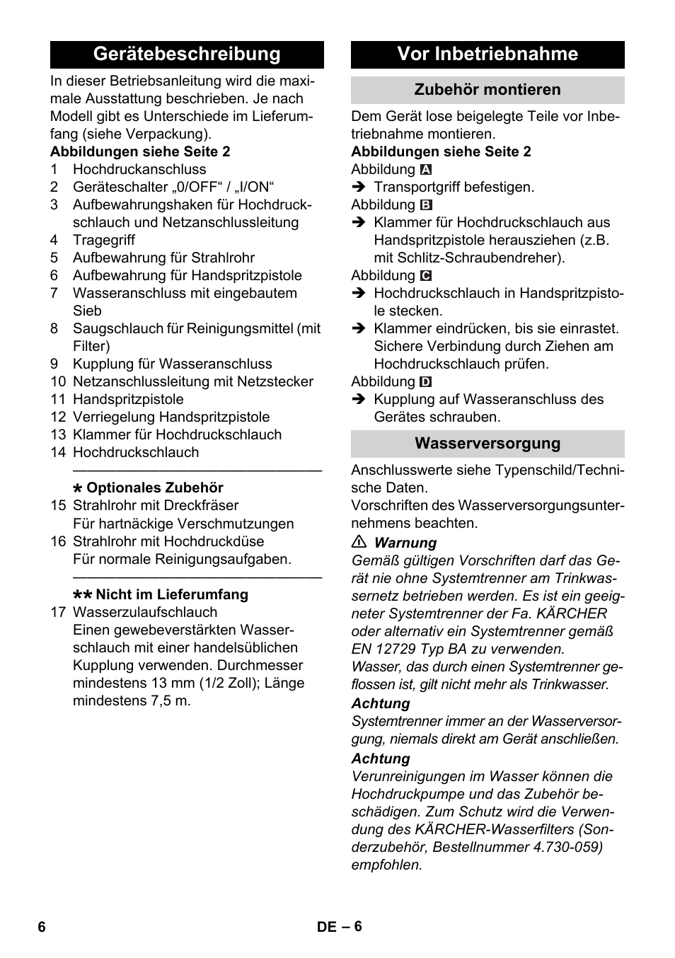 Gerätebeschreibung, Vor inbetriebnahme, Zubehör montieren | Wasserversorgung, Gerätebeschreibung vor inbetriebnahme | Karcher K 2 Basic User Manual | Page 6 / 244