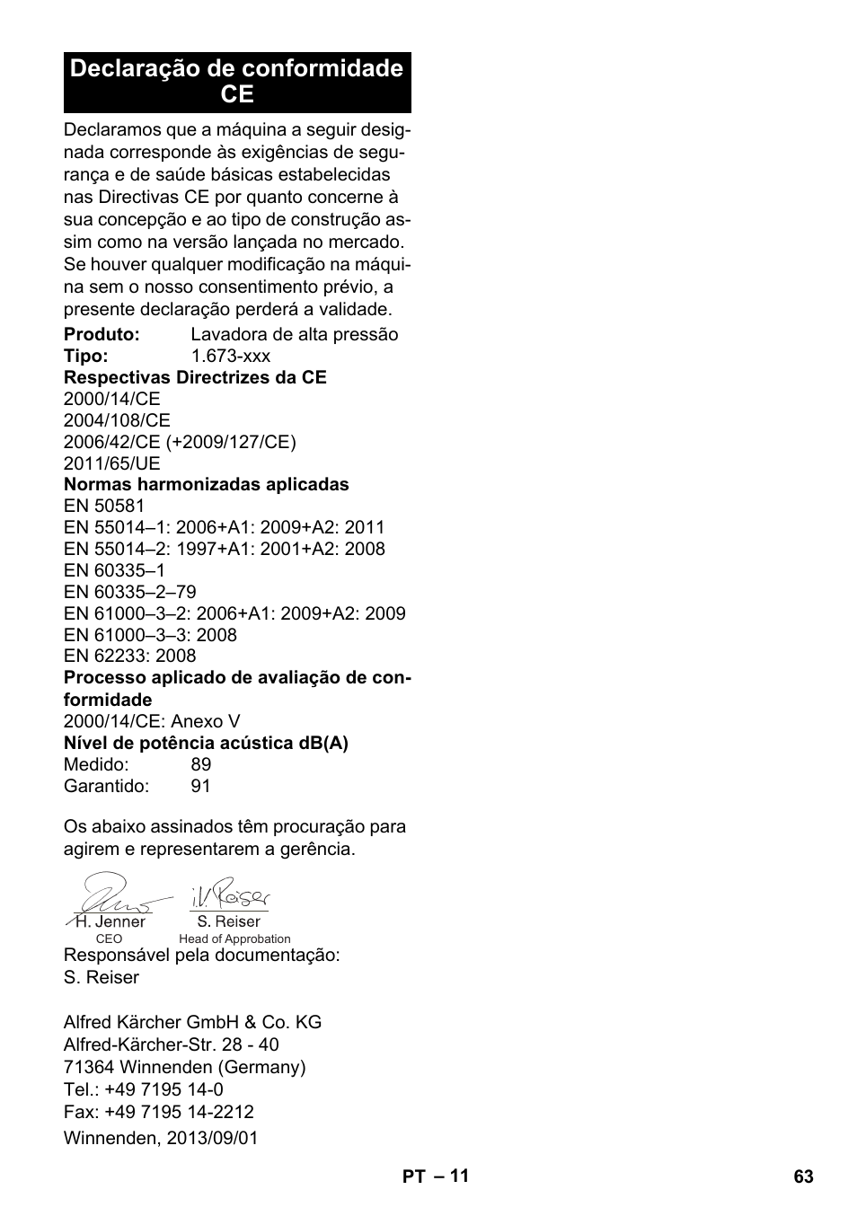 Declaração de conformidade ce | Karcher K 2 Basic User Manual | Page 63 / 244