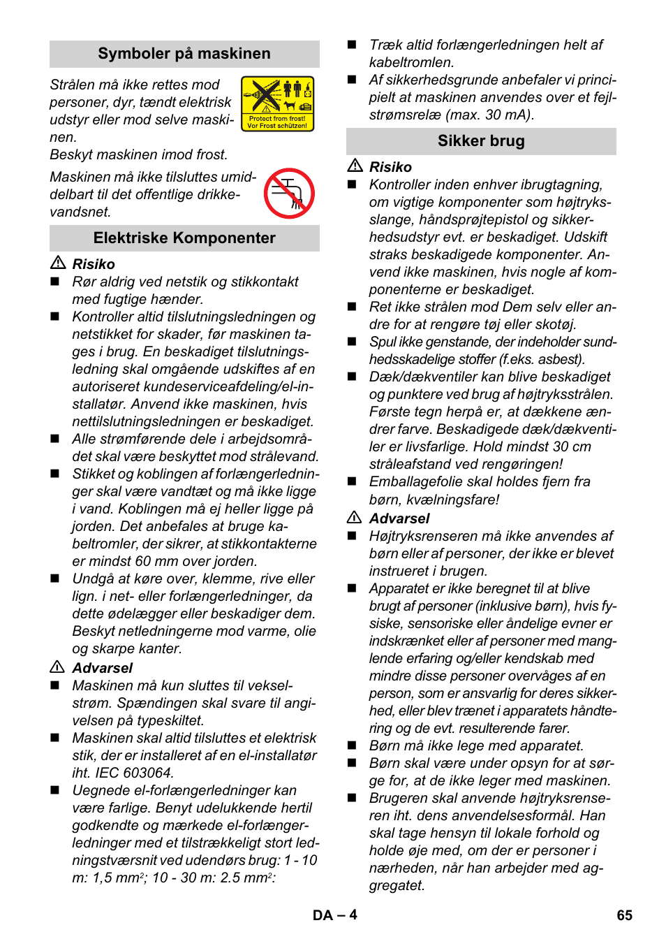 Symboler på maskinen, Elektriske komponenter, Sikker brug | Karcher K 2 Basic User Manual | Page 65 / 244
