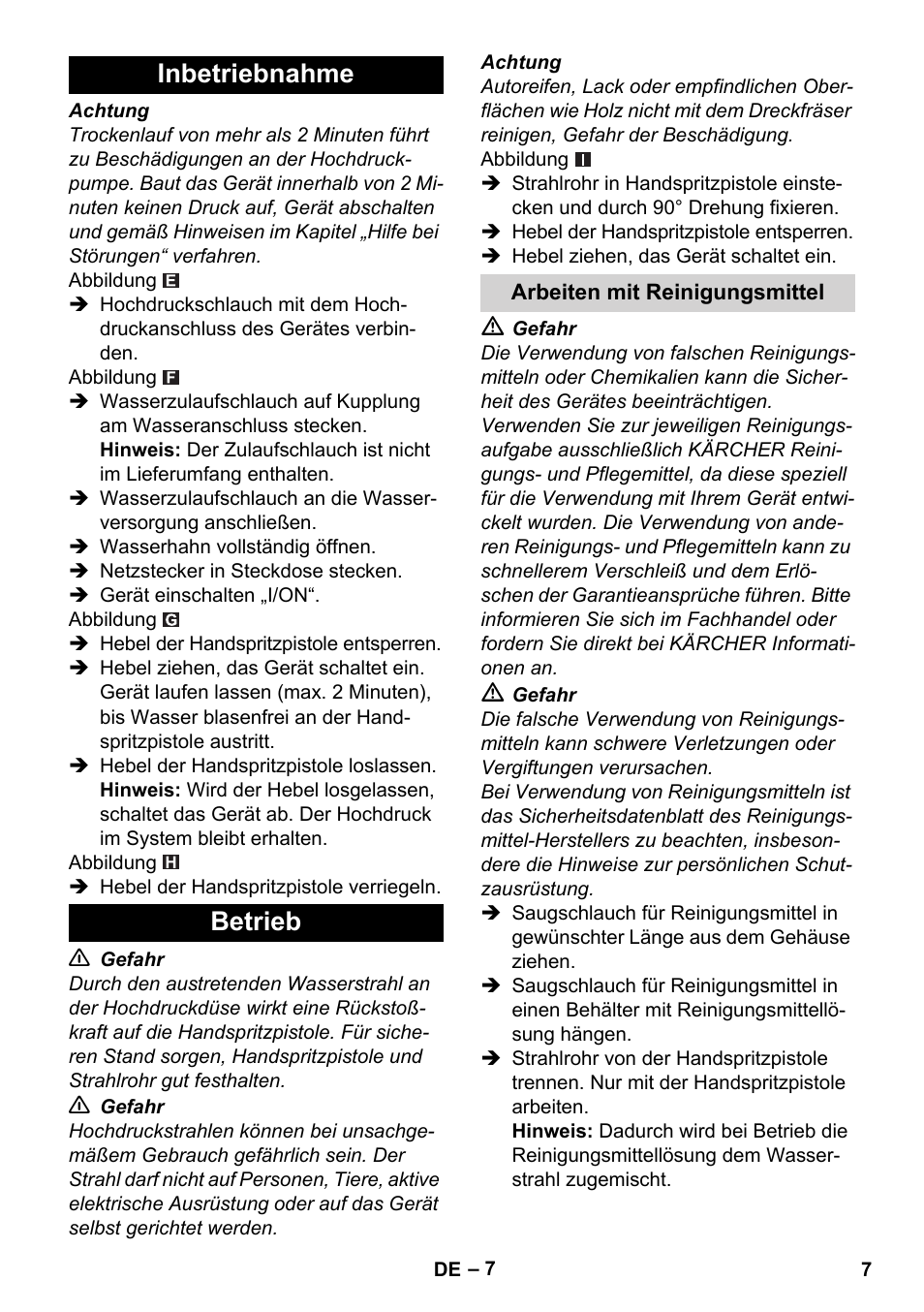 Inbetriebnahme, Betrieb, Arbeiten mit reinigungsmittel | Inbetriebnahme betrieb | Karcher K 2 Basic User Manual | Page 7 / 244