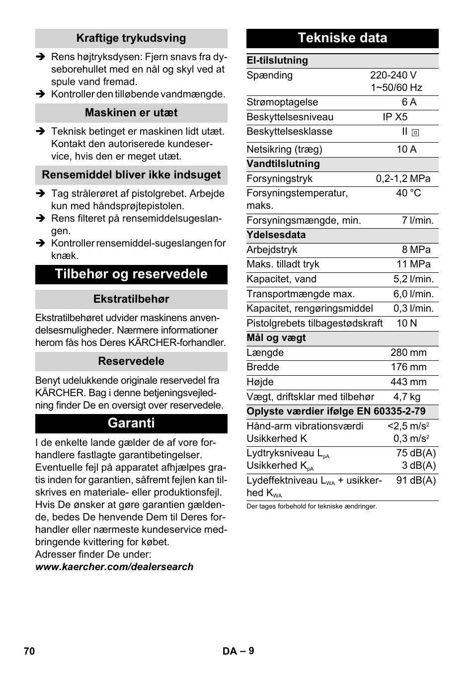 Kraftige trykudsving, Maskinen er utæt, Rensemiddel bliver ikke indsuget | Tilbehør og reservedele, Ekstratilbehør, Reservedele, Garanti, Tekniske data, Garanti tekniske data | Karcher K 2 Basic User Manual | Page 70 / 244