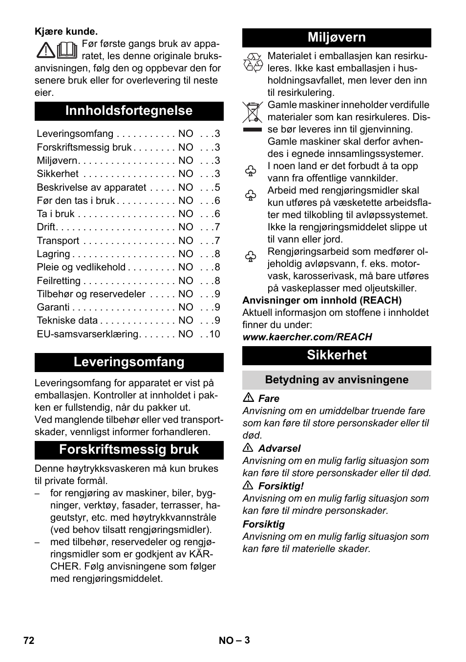 Norsk, Innholdsfortegnelse, Leveringsomfang | Forskriftsmessig bruk, Miljøvern, Sikkerhet, Betydning av anvisningene | Karcher K 2 Basic User Manual | Page 72 / 244