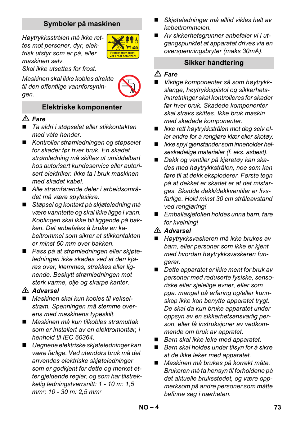Symboler på maskinen, Elektriske komponenter, Sikker håndtering | Karcher K 2 Basic User Manual | Page 73 / 244