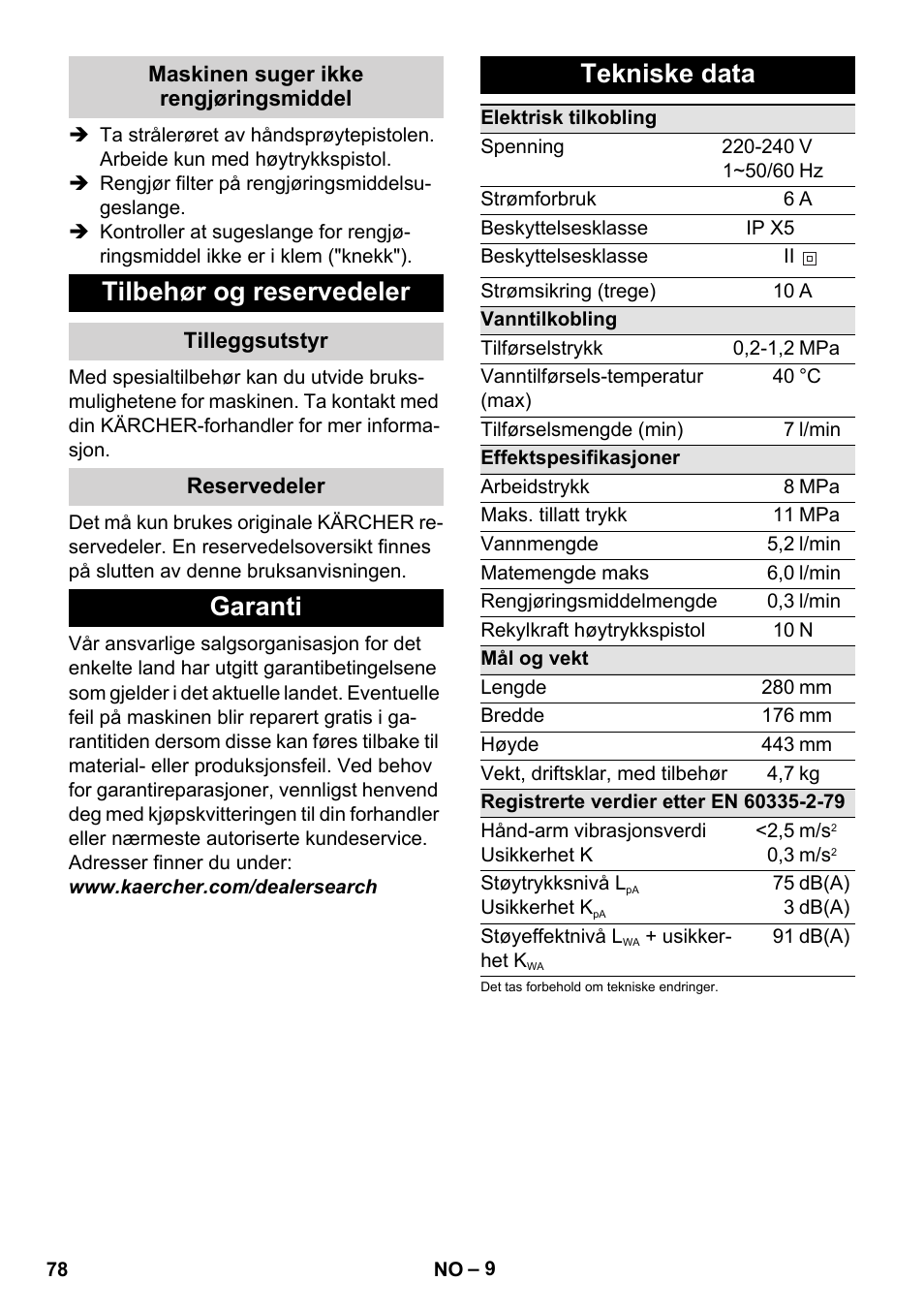 Maskinen suger ikke rengjøringsmiddel, Tilbehør og reservedeler, Tilleggsutstyr | Reservedeler, Garanti, Tekniske data, Garanti tekniske data | Karcher K 2 Basic User Manual | Page 78 / 244