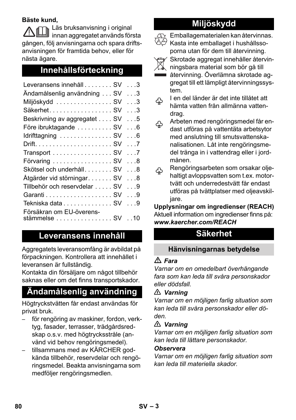 Svenska, Innehållsförteckning, Leveransens innehåll | Ändamålsenlig användning, Miljöskydd, Säkerhet, Hänvisningarnas betydelse | Karcher K 2 Basic User Manual | Page 80 / 244