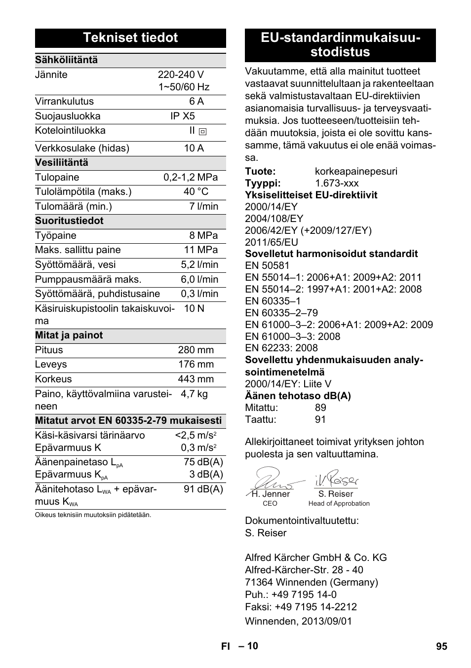 Tekniset tiedot, Eu-standardinmukaisuu- stodistus | Karcher K 2 Basic User Manual | Page 95 / 244