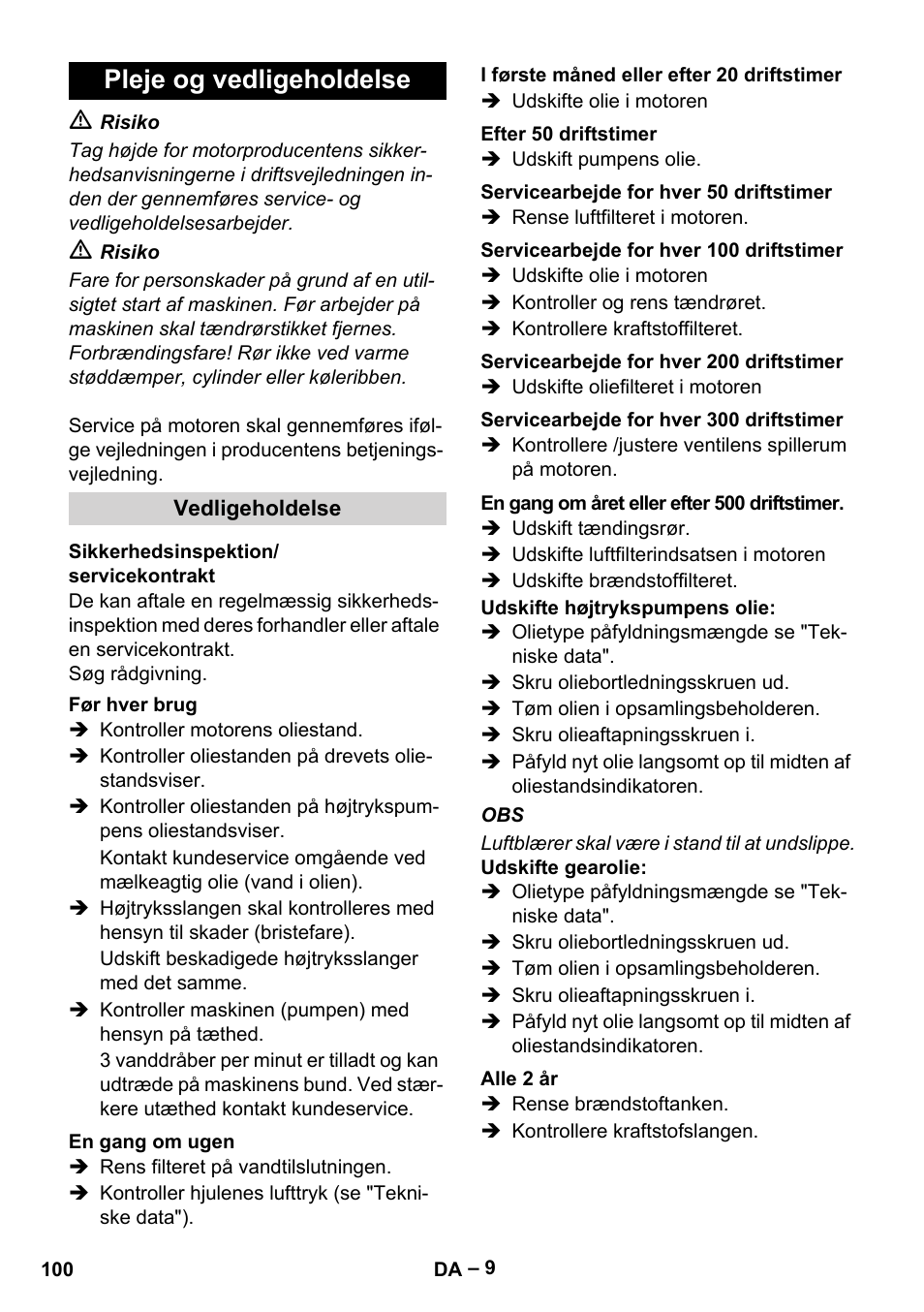 Pleje og vedligeholdelse | Karcher HD 9-50 Pe User Manual | Page 100 / 352