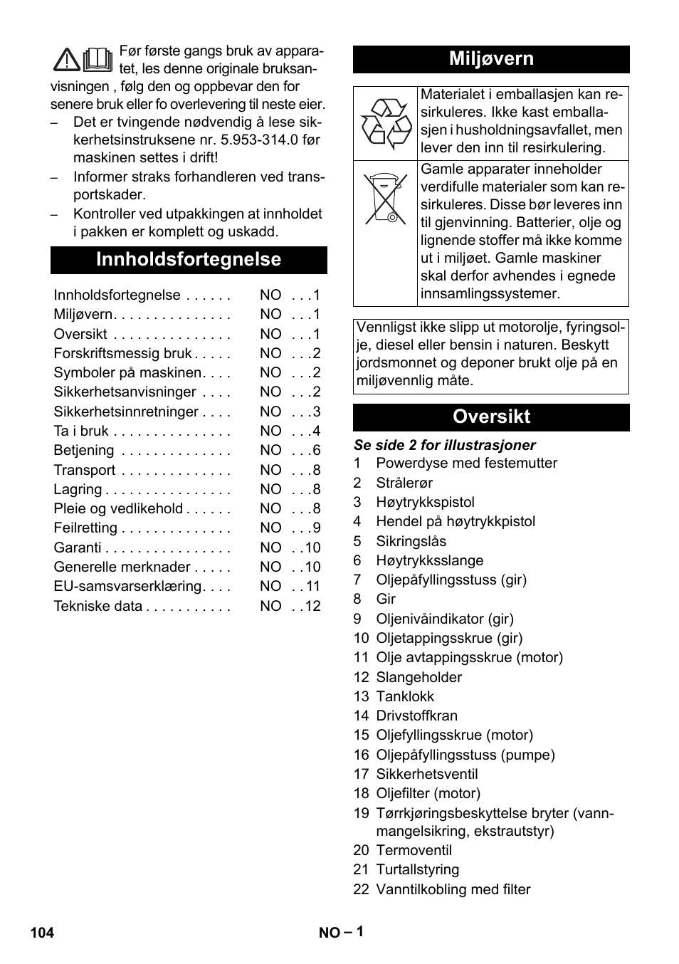 Norsk, Innholdsfortegnelse, Miljøvern | Oversikt | Karcher HD 9-50 Pe User Manual | Page 104 / 352