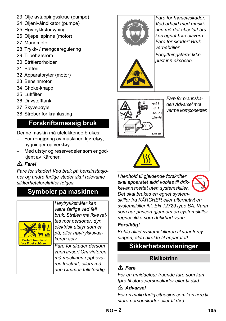 Forskriftsmessig bruk symboler på maskinen, Sikkerhetsanvisninger | Karcher HD 9-50 Pe User Manual | Page 105 / 352