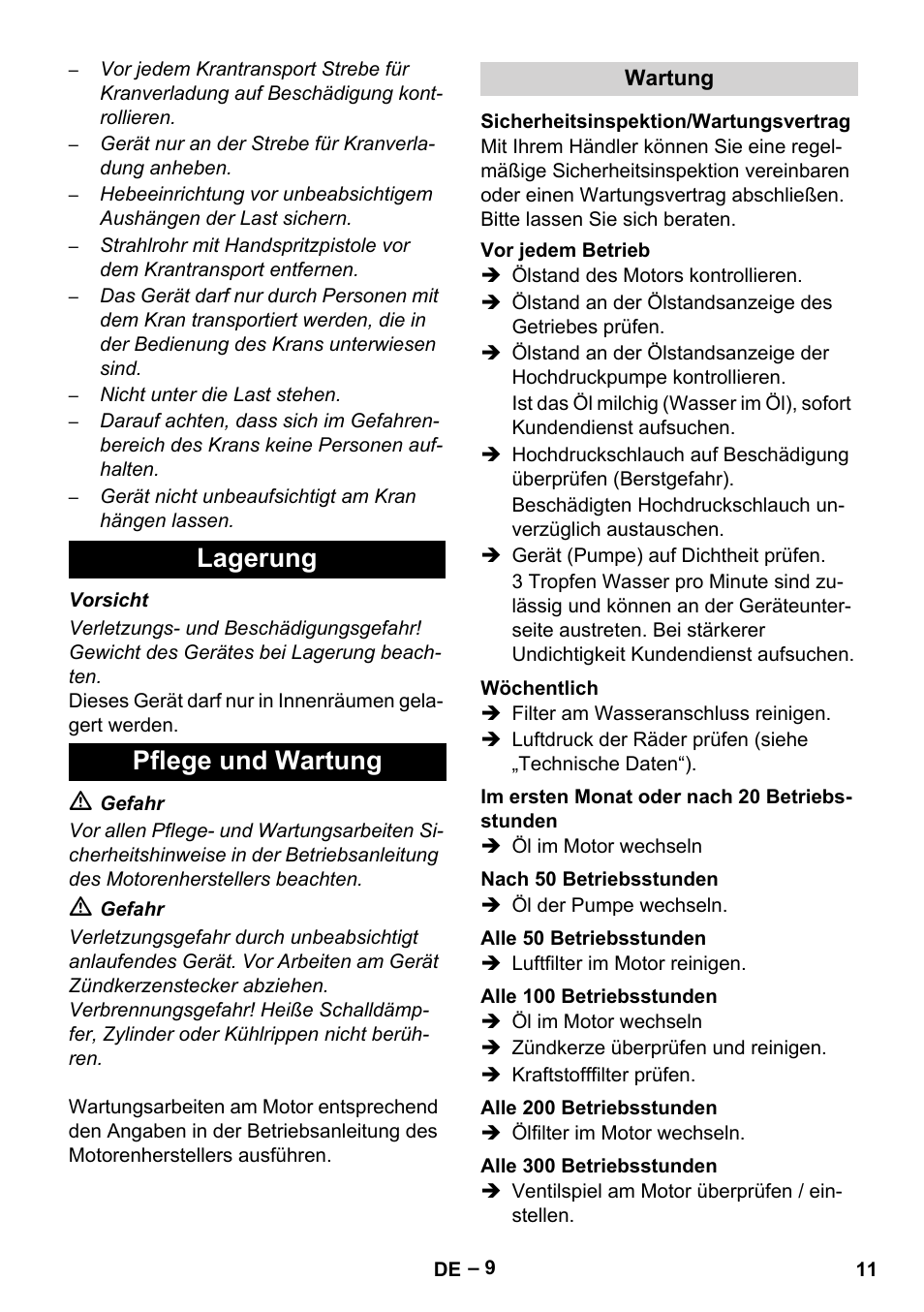 Lagerung pflege und wartung | Karcher HD 9-50 Pe User Manual | Page 11 / 352