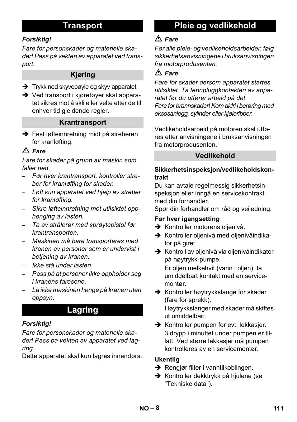 Transport, Lagring pleie og vedlikehold | Karcher HD 9-50 Pe User Manual | Page 111 / 352