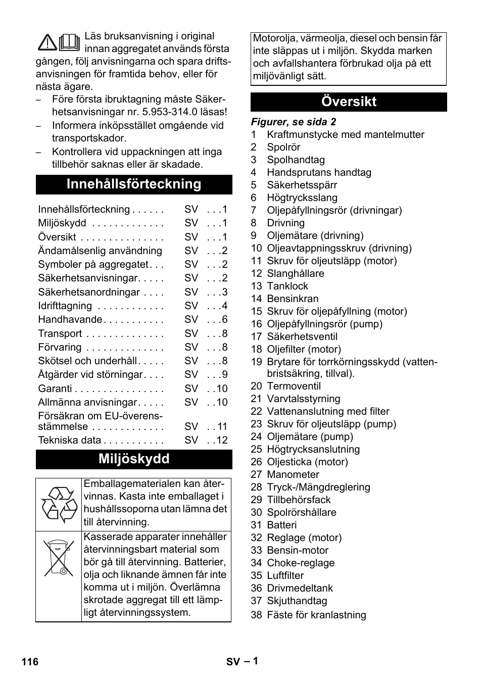 Svenska, Innehållsförteckning, Miljöskydd | Översikt | Karcher HD 9-50 Pe User Manual | Page 116 / 352