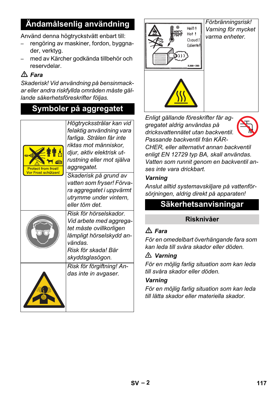 Ändamålsenlig användning symboler på aggregatet, Säkerhetsanvisningar | Karcher HD 9-50 Pe User Manual | Page 117 / 352