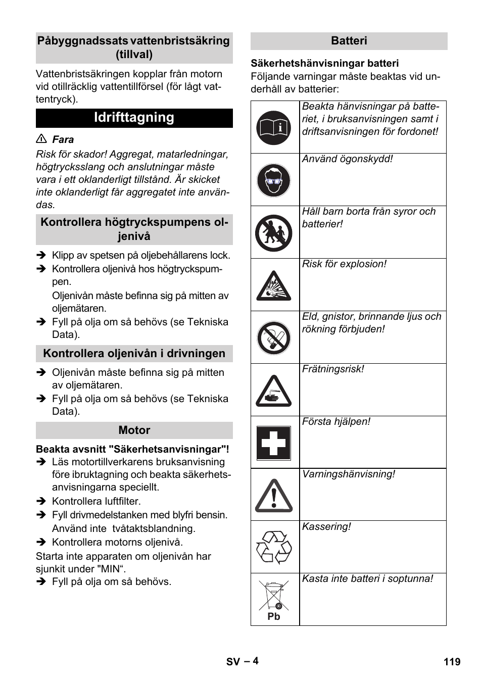 Idrifttagning | Karcher HD 9-50 Pe User Manual | Page 119 / 352