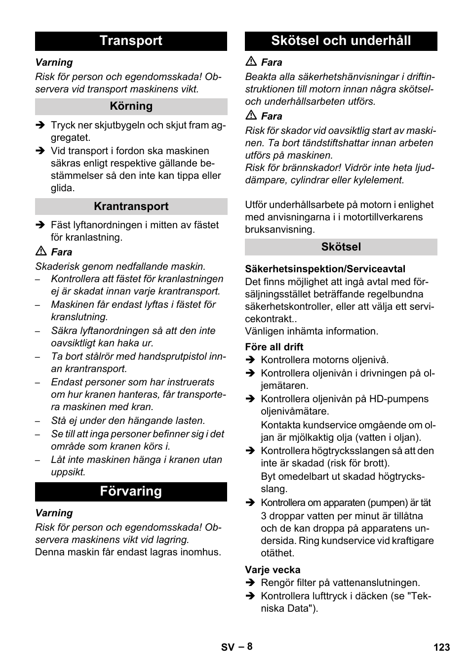 Transport, Förvaring skötsel och underhåll | Karcher HD 9-50 Pe User Manual | Page 123 / 352