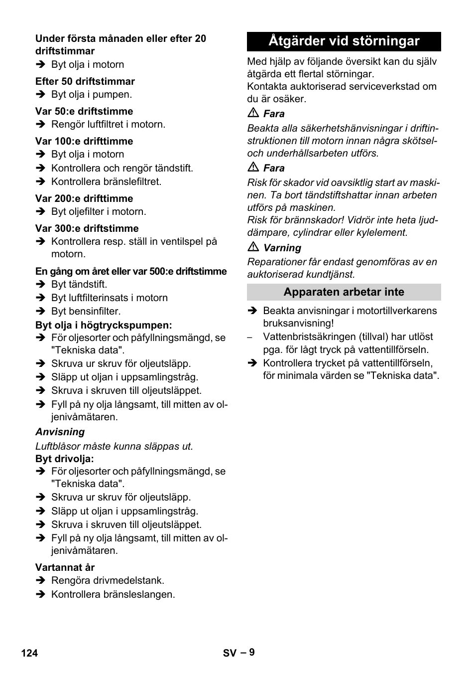 Åtgärder vid störningar | Karcher HD 9-50 Pe User Manual | Page 124 / 352