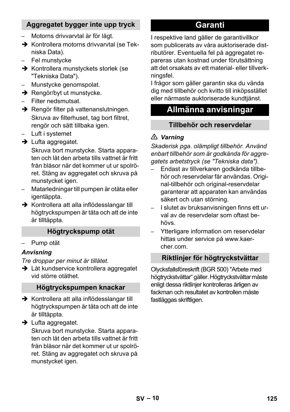 Garanti allmänna anvisningar | Karcher HD 9-50 Pe User Manual | Page 125 / 352