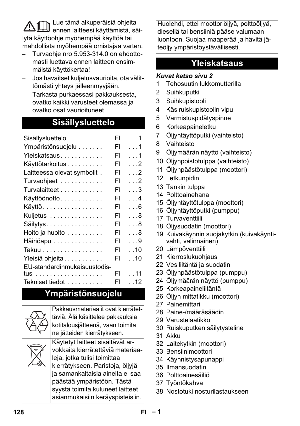 Suomi, Sisällysluettelo, Ympäristönsuojelu | Yleiskatsaus | Karcher HD 9-50 Pe User Manual | Page 128 / 352