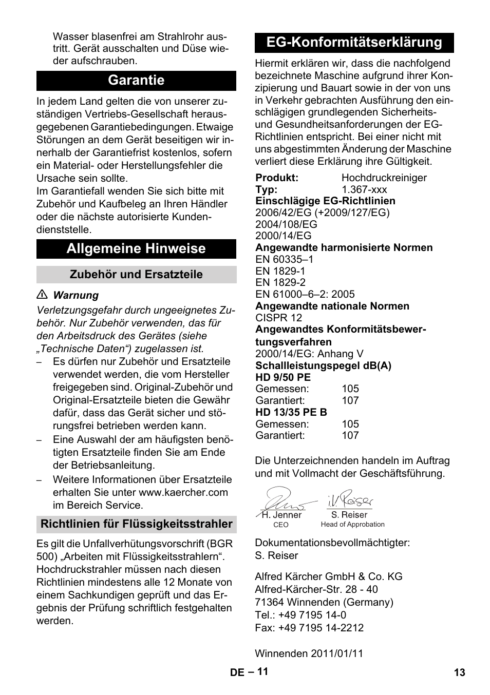 Garantie allgemeine hinweise, Eg-konformitätserklärung | Karcher HD 9-50 Pe User Manual | Page 13 / 352