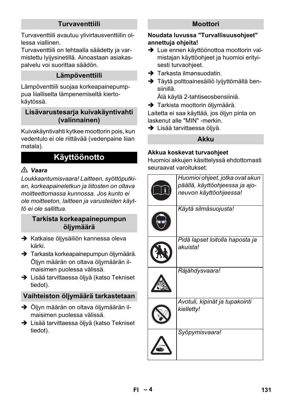 Käyttöönotto | Karcher HD 9-50 Pe User Manual | Page 131 / 352