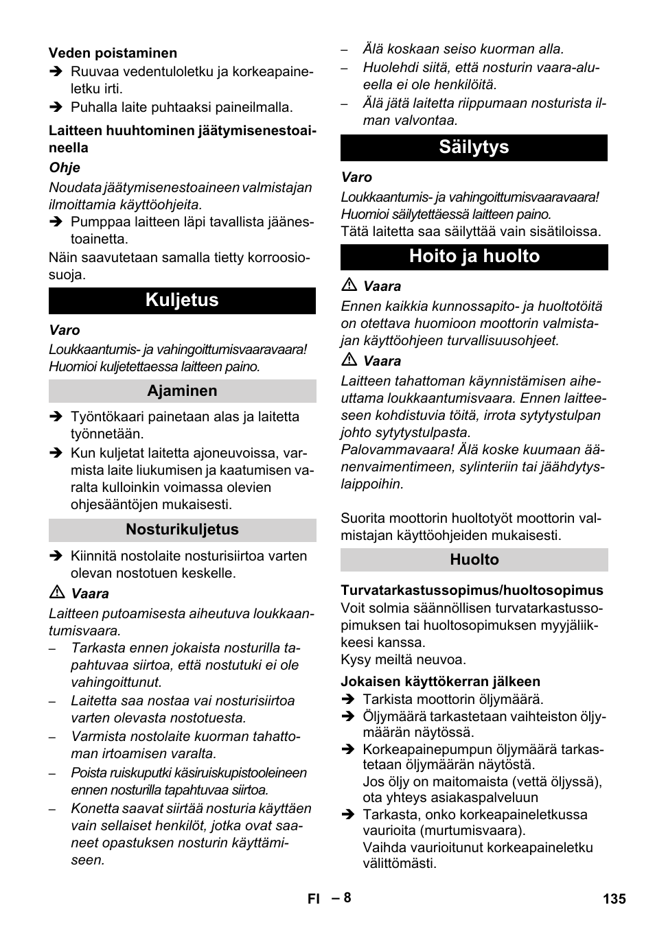 Kuljetus, Säilytys hoito ja huolto | Karcher HD 9-50 Pe User Manual | Page 135 / 352