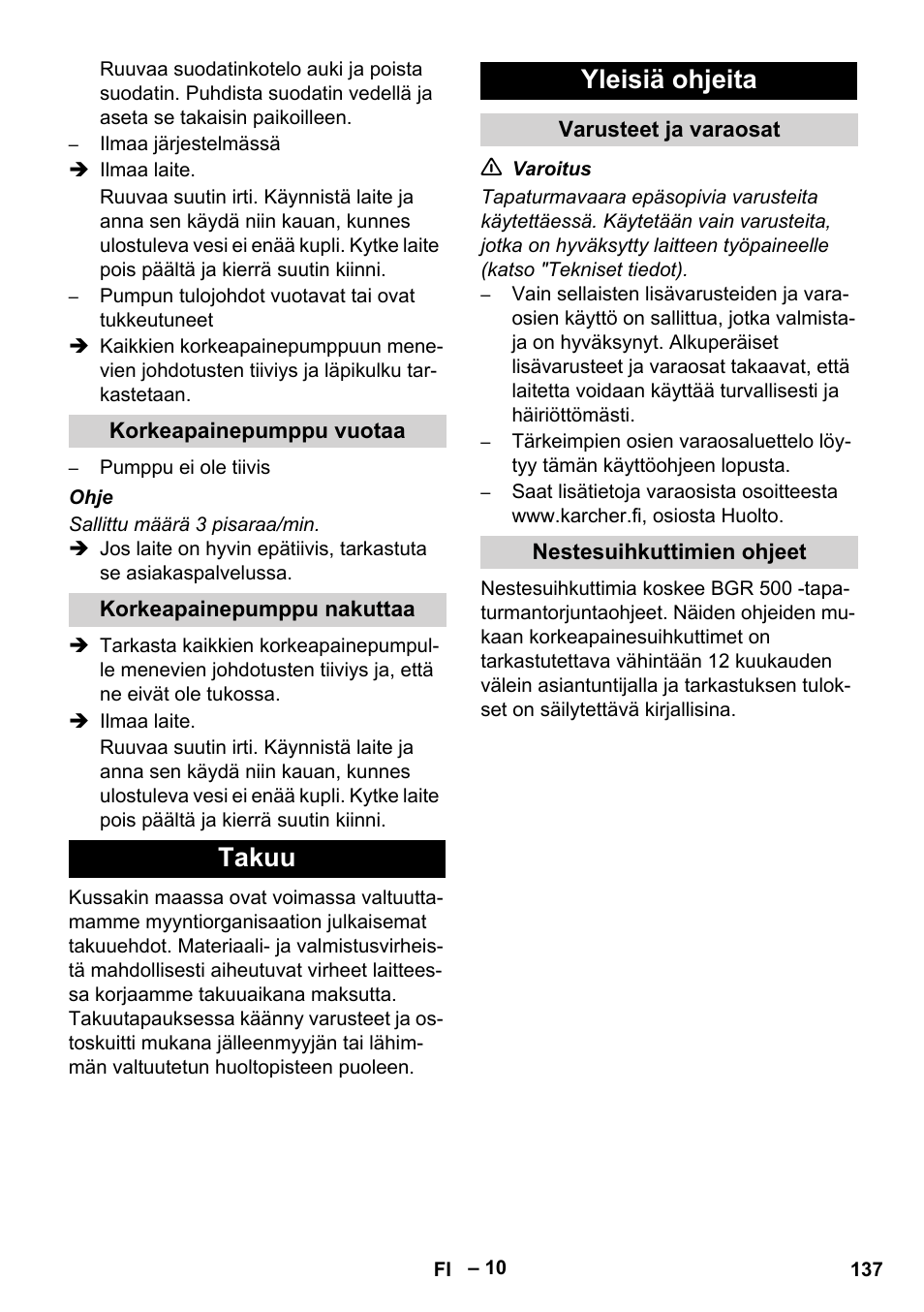 Takuu yleisiä ohjeita | Karcher HD 9-50 Pe User Manual | Page 137 / 352