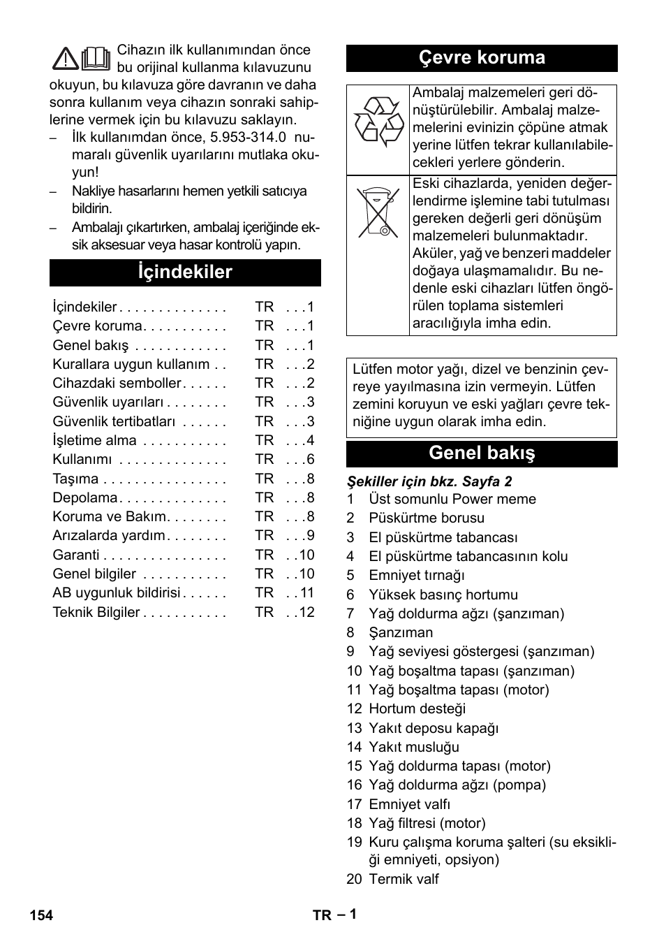 Türkçe, Içindekiler, Çevre koruma | Genel bakış | Karcher HD 9-50 Pe User Manual | Page 154 / 352