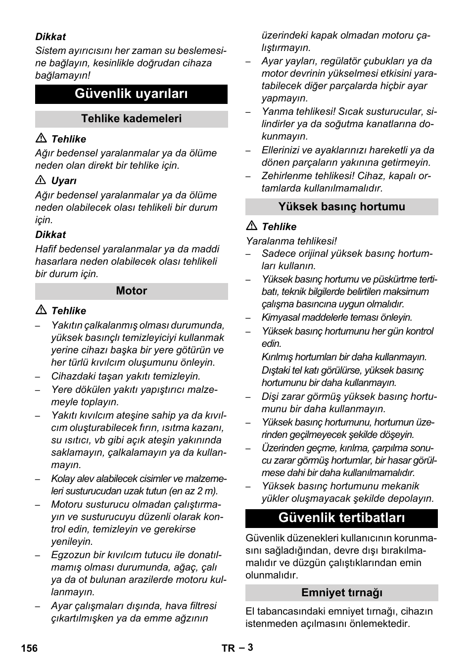 Güvenlik uyarıları, Güvenlik tertibatları | Karcher HD 9-50 Pe User Manual | Page 156 / 352