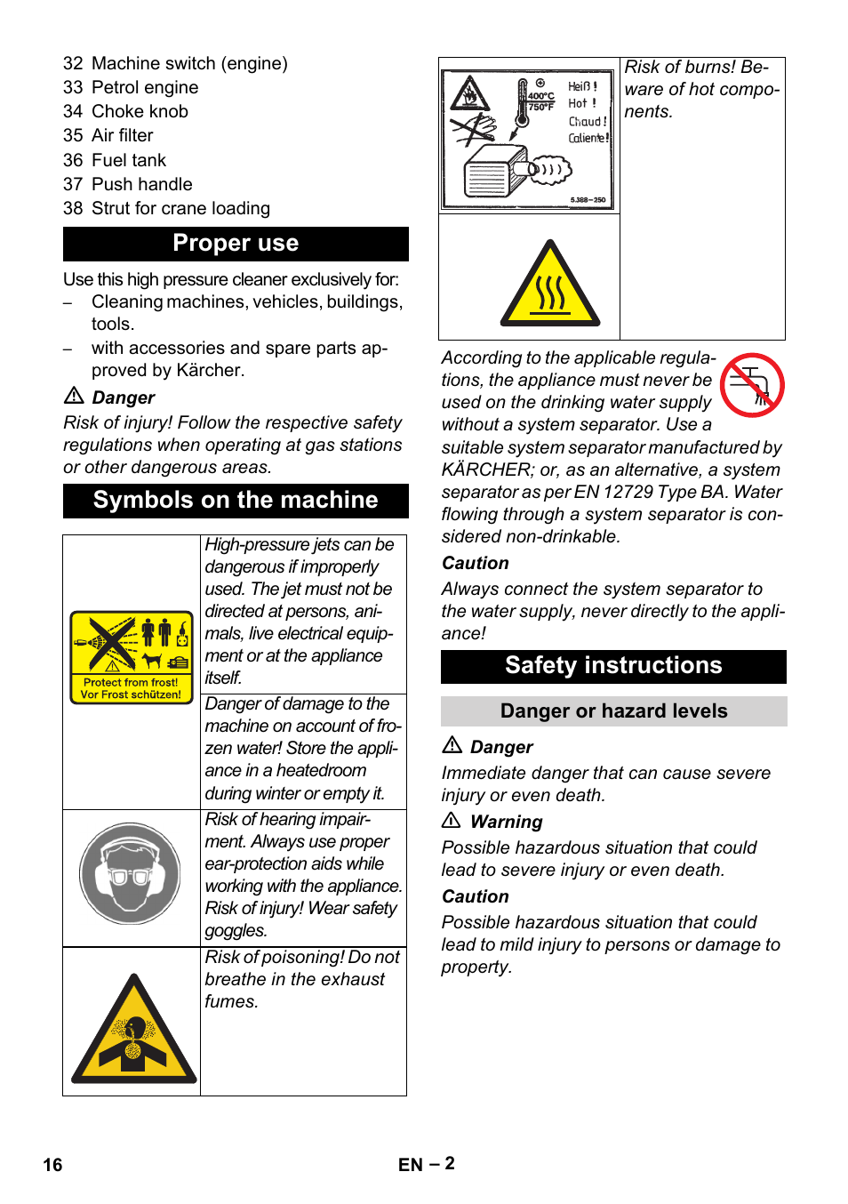 Proper use symbols on the machine, Safety instructions | Karcher HD 9-50 Pe User Manual | Page 16 / 352