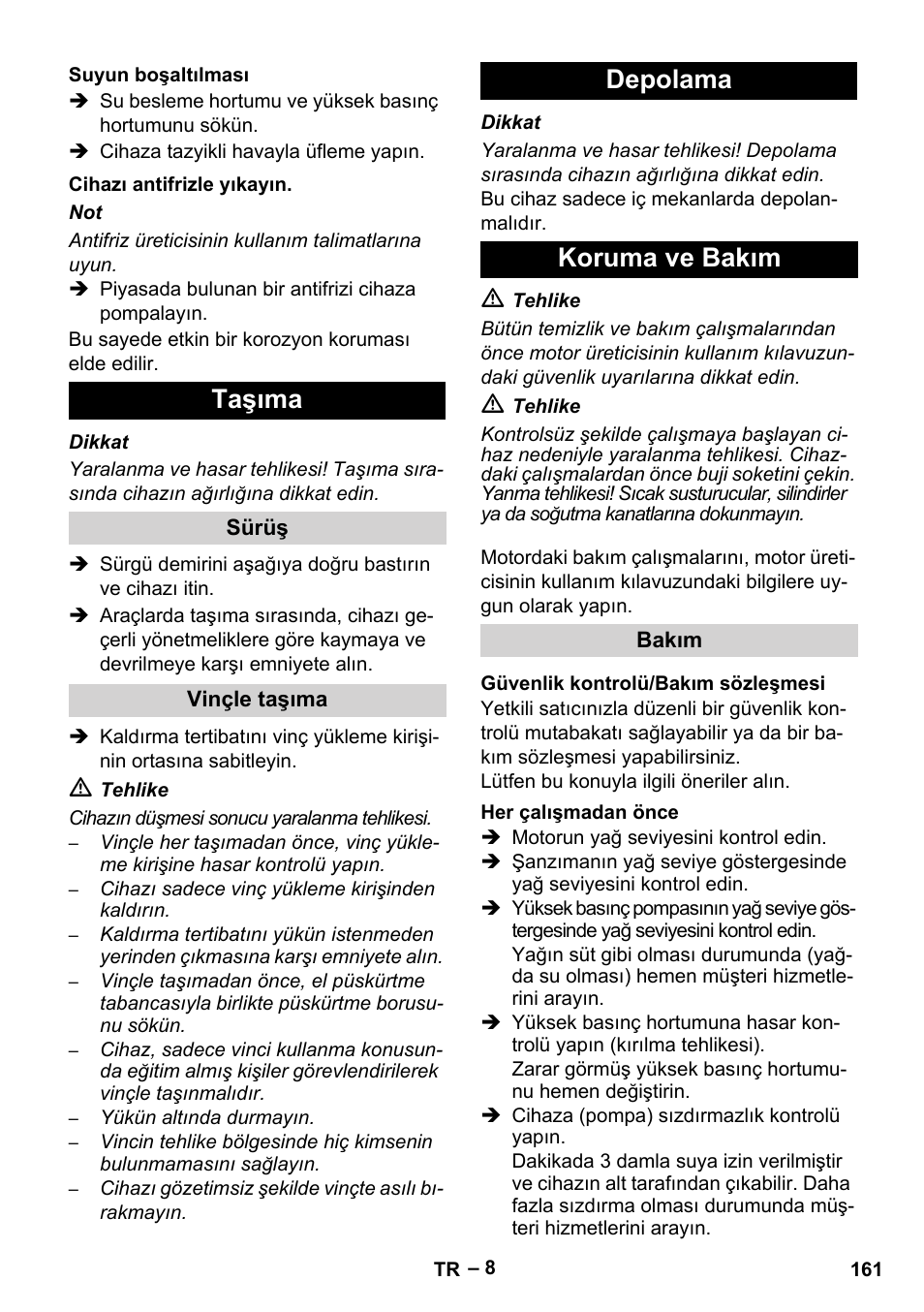 Taşıma, Depolama koruma ve bakım | Karcher HD 9-50 Pe User Manual | Page 161 / 352