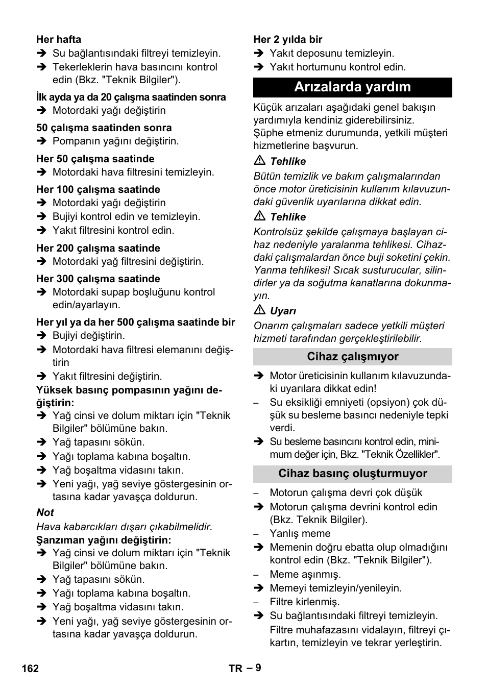 Arızalarda yardım | Karcher HD 9-50 Pe User Manual | Page 162 / 352