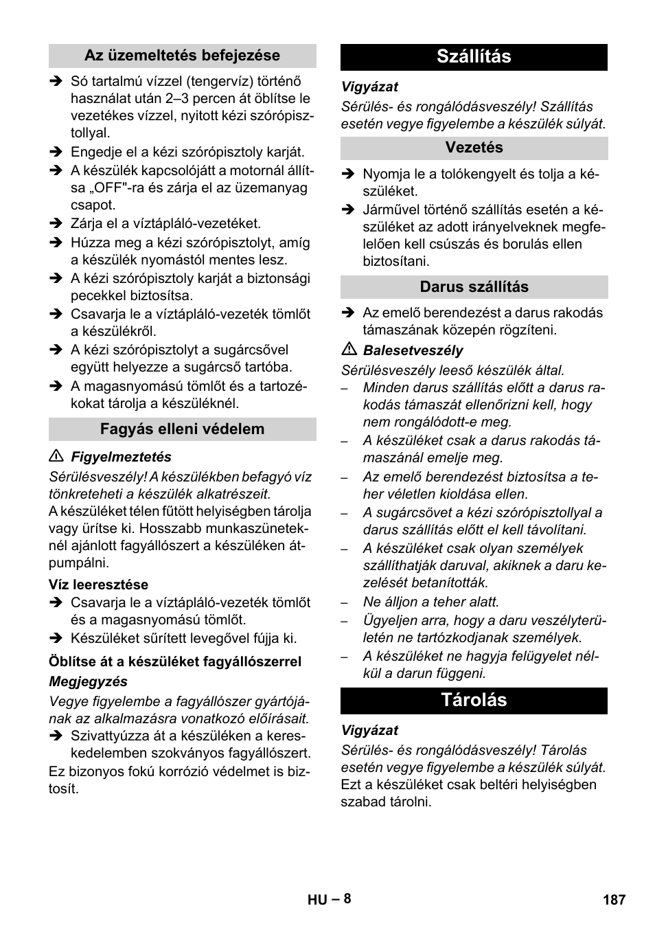 Szállítás, Tárolás | Karcher HD 9-50 Pe User Manual | Page 187 / 352