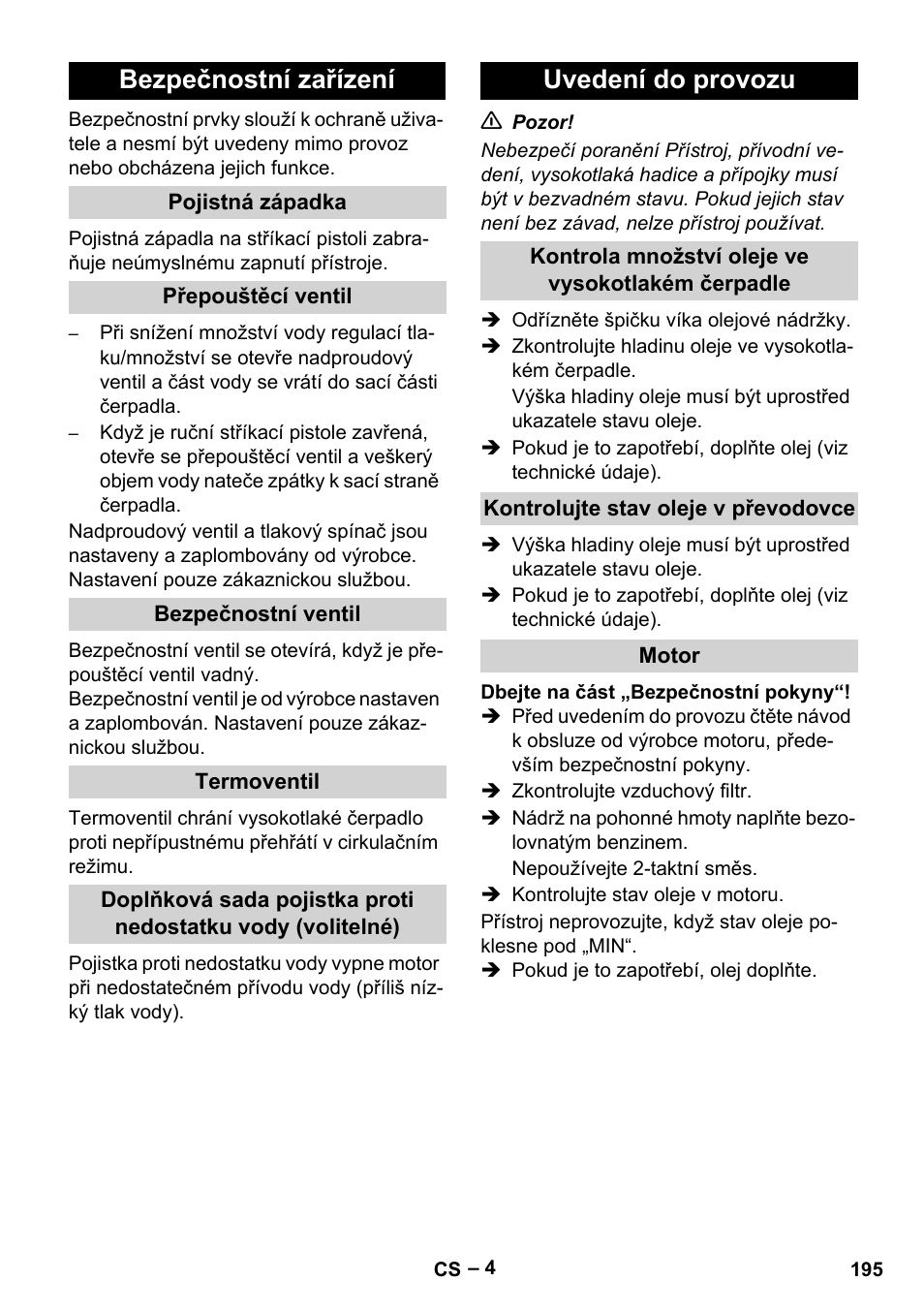 Bezpečnostní zařízení, Uvedení do provozu | Karcher HD 9-50 Pe User Manual | Page 195 / 352