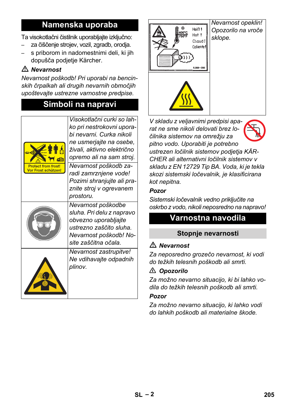 Namenska uporaba simboli na napravi, Varnostna navodila | Karcher HD 9-50 Pe User Manual | Page 205 / 352