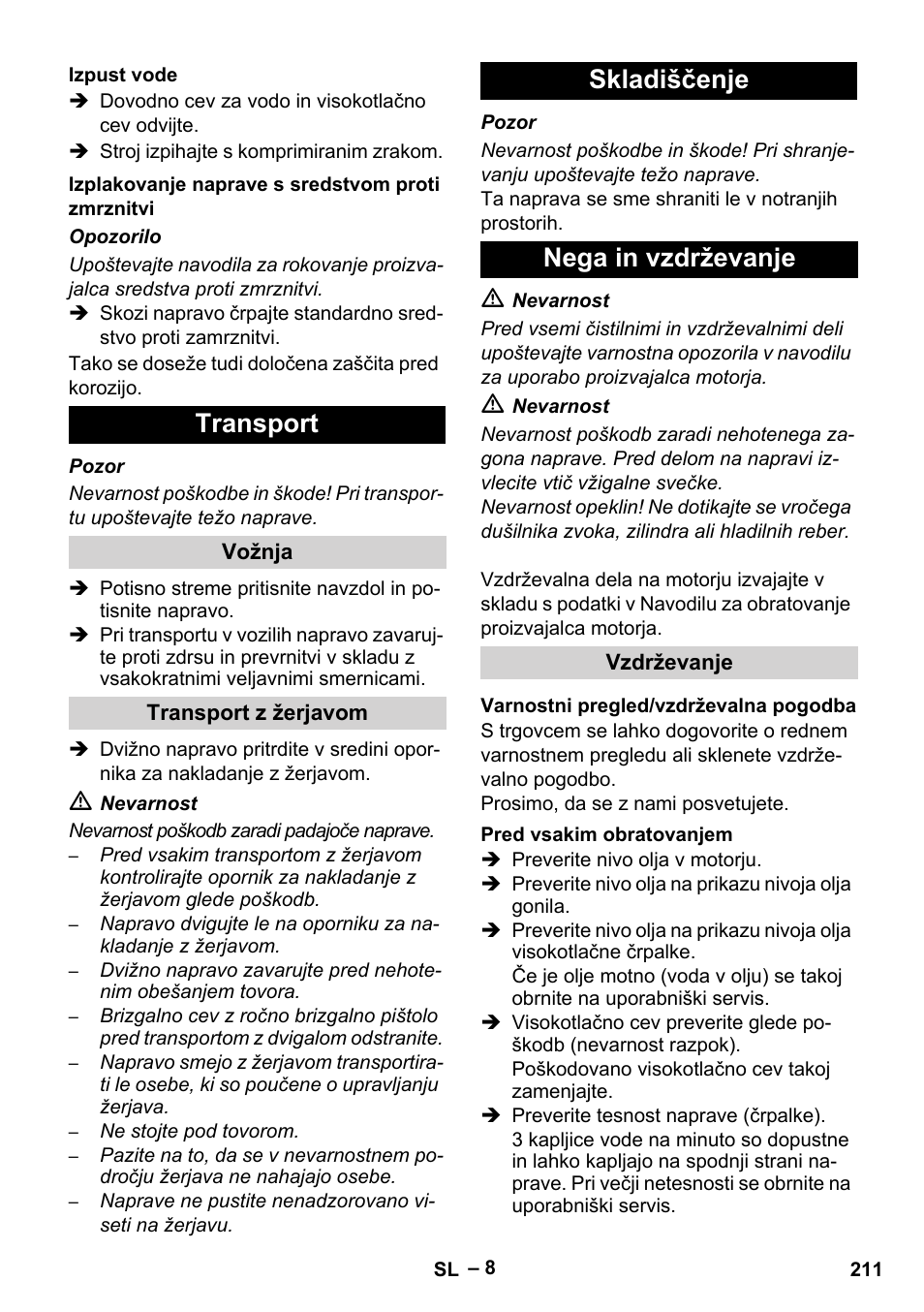 Transport, Skladiščenje nega in vzdrževanje | Karcher HD 9-50 Pe User Manual | Page 211 / 352