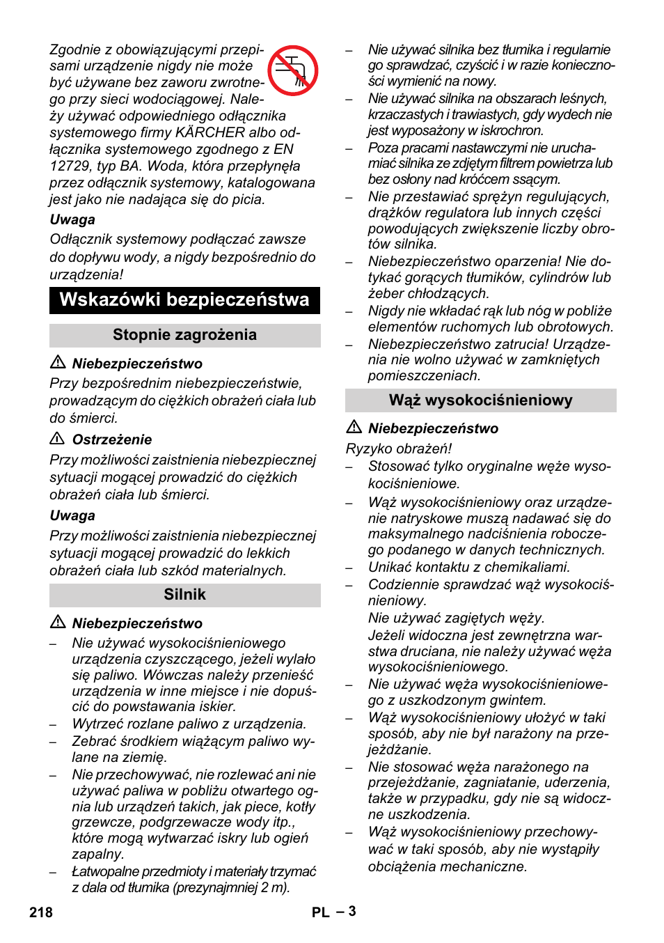 Wskazówki bezpieczeństwa | Karcher HD 9-50 Pe User Manual | Page 218 / 352