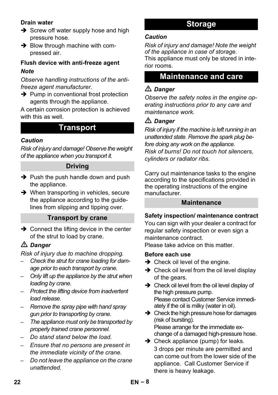 Transport, Storage maintenance and care | Karcher HD 9-50 Pe User Manual | Page 22 / 352