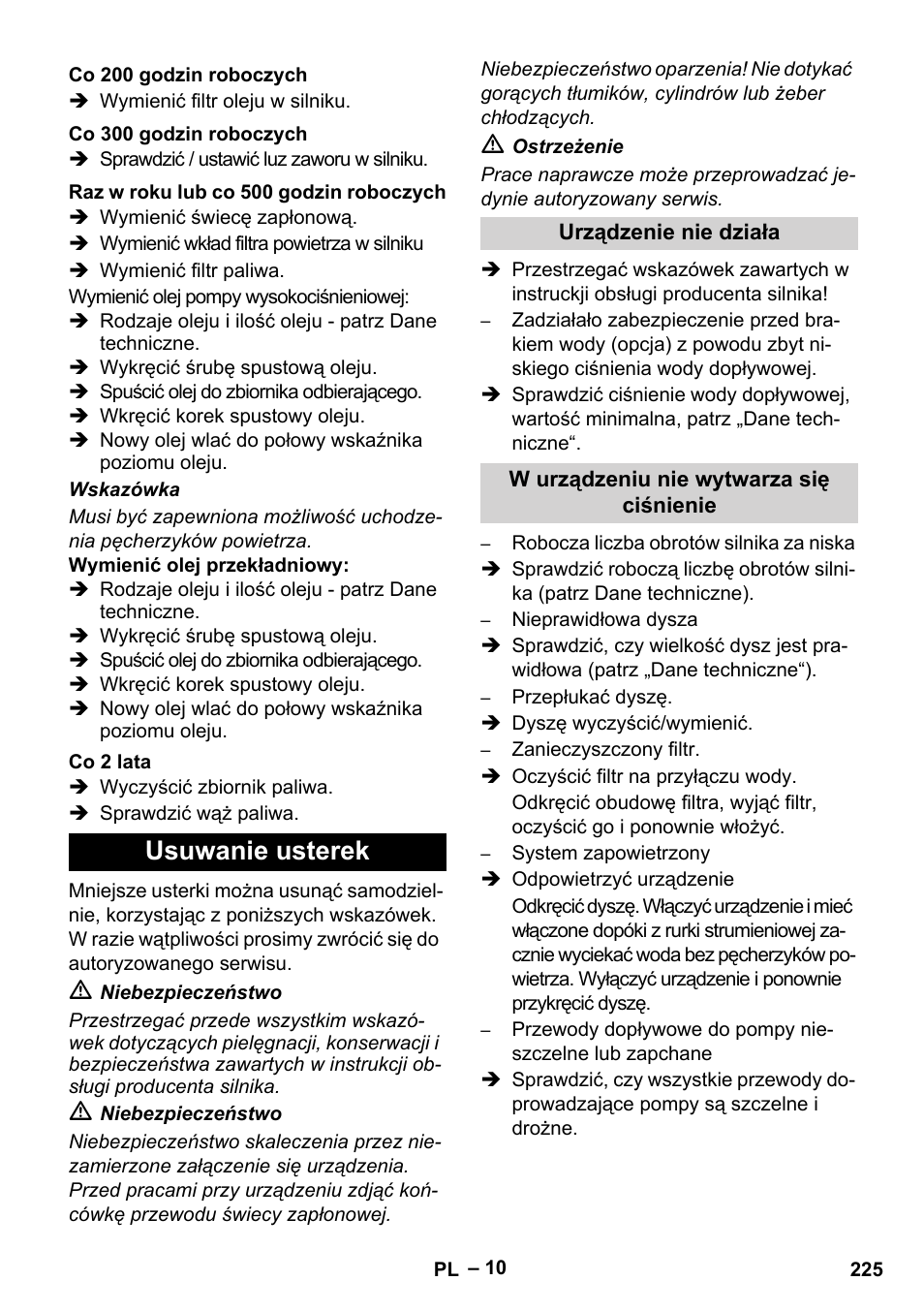 Usuwanie usterek | Karcher HD 9-50 Pe User Manual | Page 225 / 352