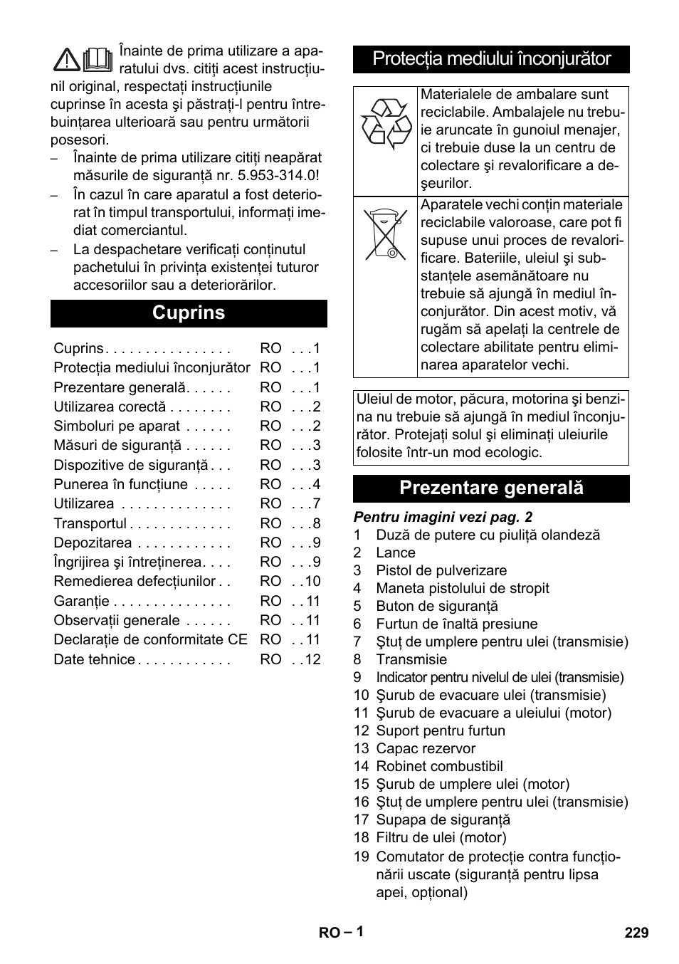 Româneşte, Românete, Cuprins | Protecţia mediului înconjurător, Prezentare generală | Karcher HD 9-50 Pe User Manual | Page 229 / 352