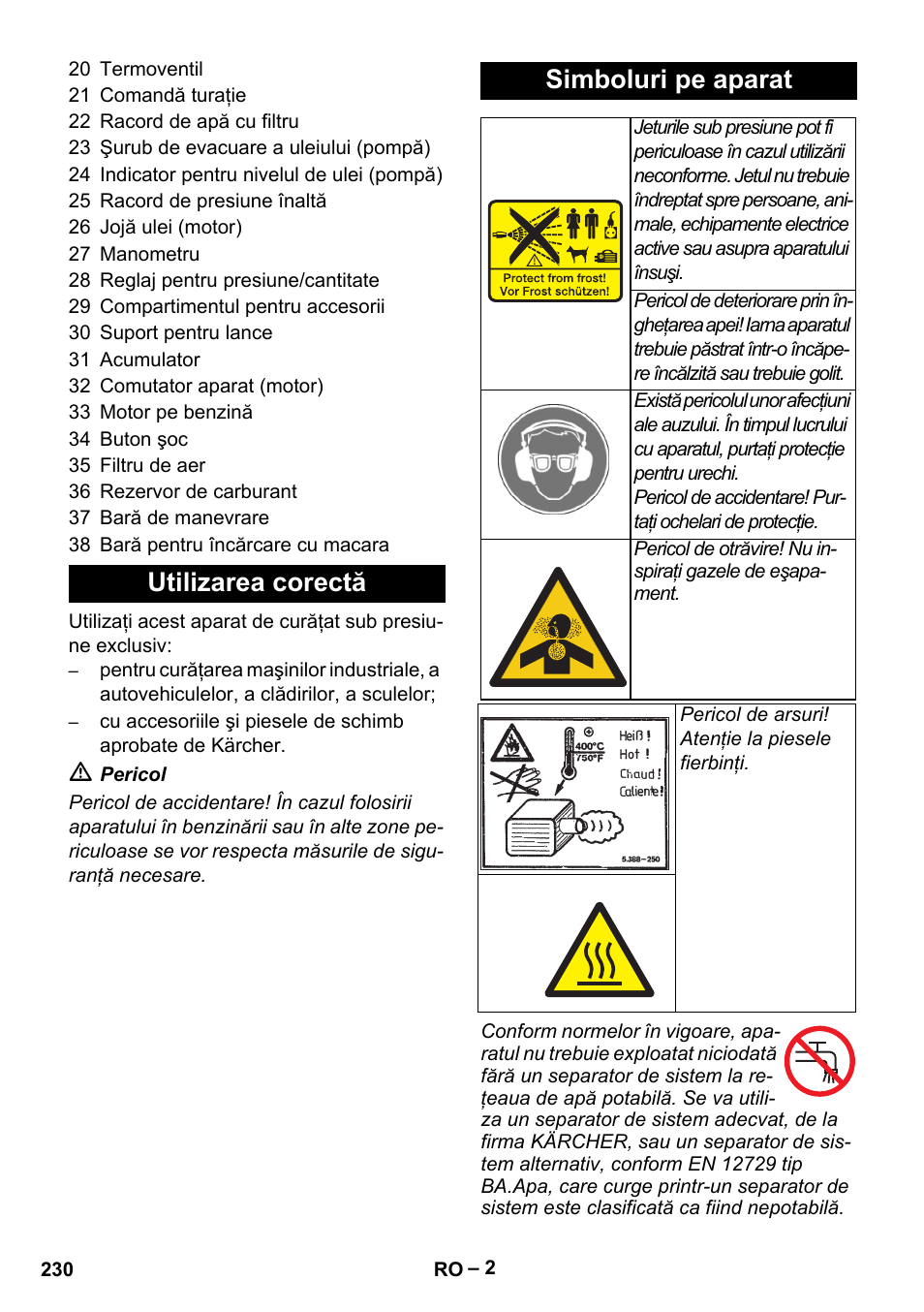 Utilizarea corectă simboluri pe aparat | Karcher HD 9-50 Pe User Manual | Page 230 / 352