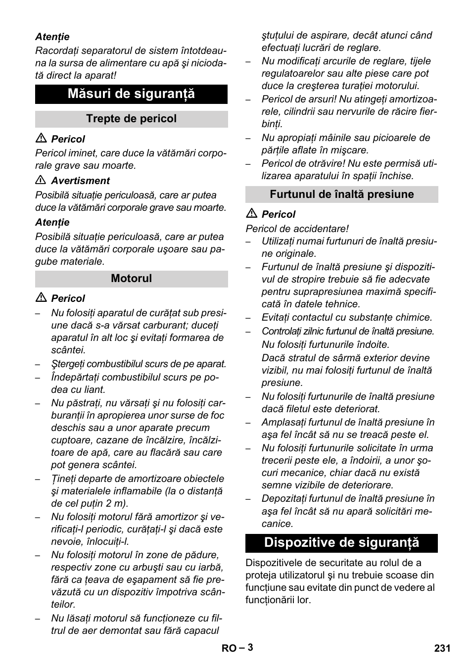 Măsuri de siguranţă, Dispozitive de siguranţă | Karcher HD 9-50 Pe User Manual | Page 231 / 352