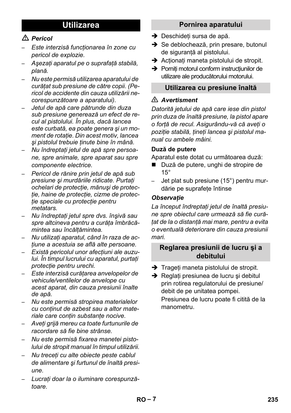 Utilizarea | Karcher HD 9-50 Pe User Manual | Page 235 / 352