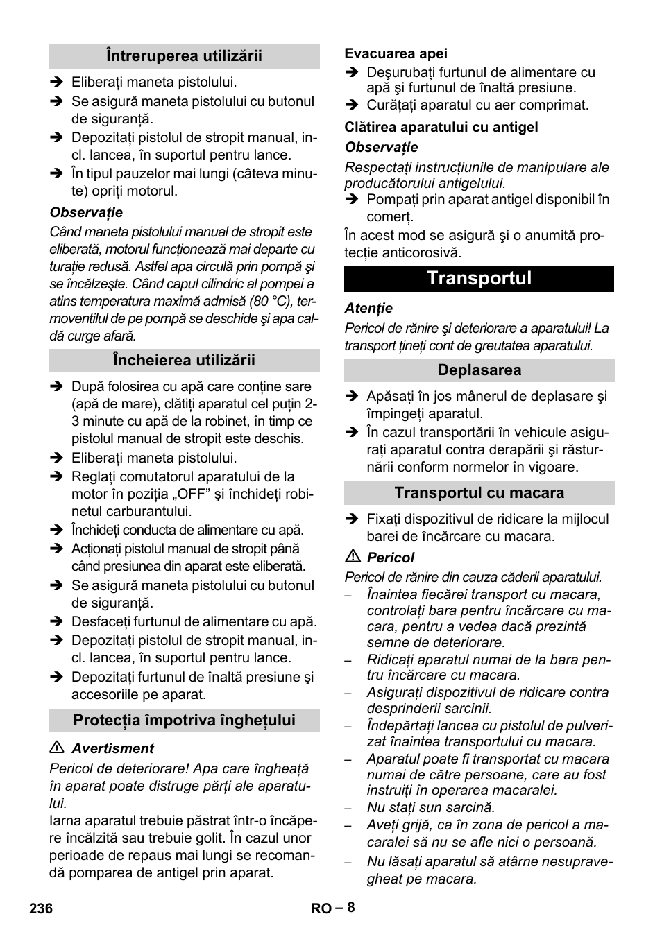 Transportul | Karcher HD 9-50 Pe User Manual | Page 236 / 352