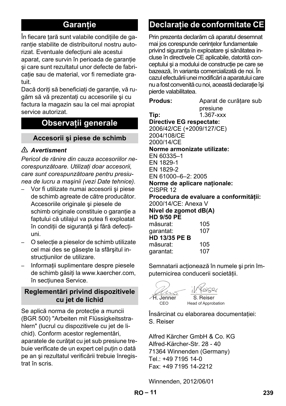 Garanţie observaţii generale, Declaraţie de conformitate ce | Karcher HD 9-50 Pe User Manual | Page 239 / 352