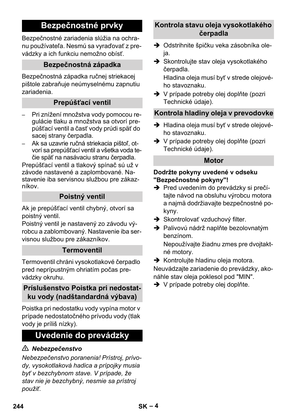 Bezpečnostné prvky, Uvedenie do prevádzky | Karcher HD 9-50 Pe User Manual | Page 244 / 352