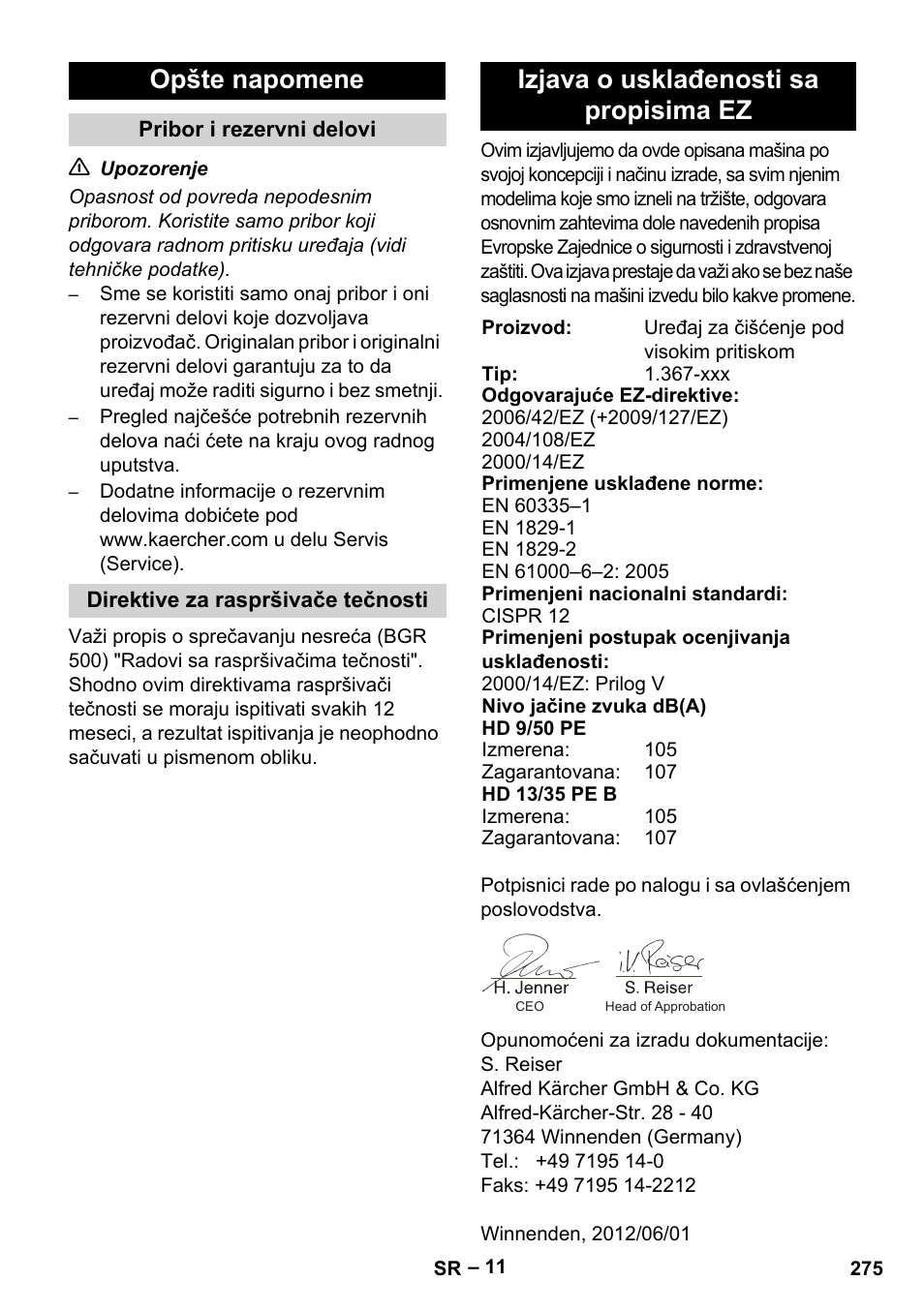 Opšte napomene, Izjava o usklađenosti sa propisima ez | Karcher HD 9-50 Pe User Manual | Page 275 / 352